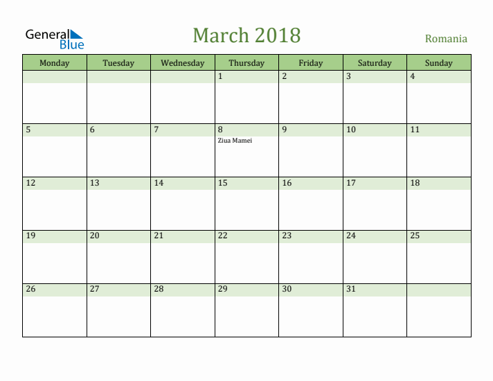 March 2018 Calendar with Romania Holidays