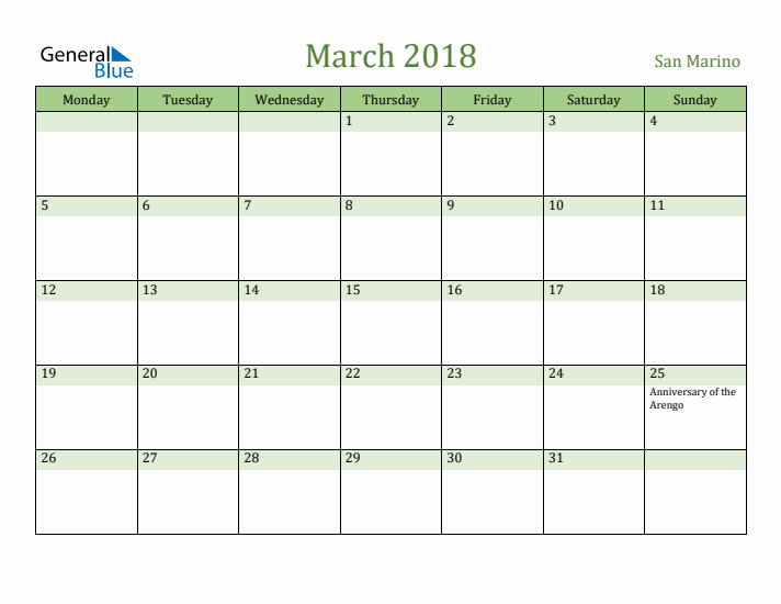 March 2018 Calendar with San Marino Holidays