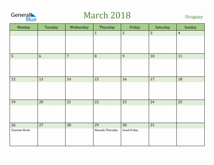 March 2018 Calendar with Uruguay Holidays