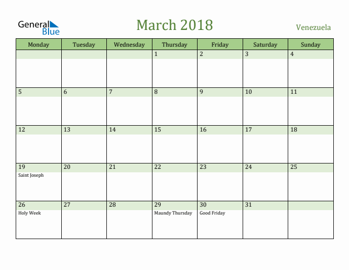 March 2018 Calendar with Venezuela Holidays