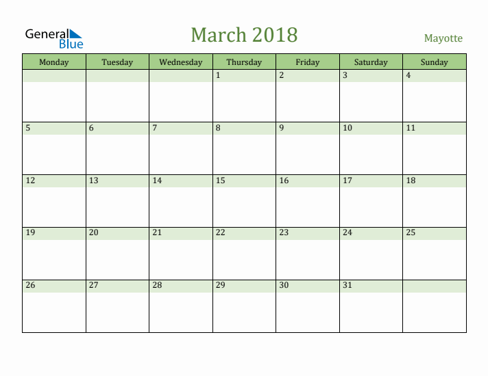 March 2018 Calendar with Mayotte Holidays