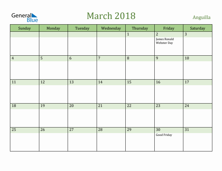 March 2018 Calendar with Anguilla Holidays