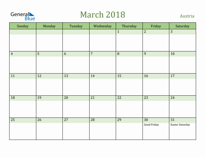 March 2018 Calendar with Austria Holidays