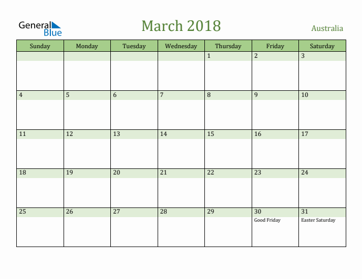 March 2018 Calendar with Australia Holidays