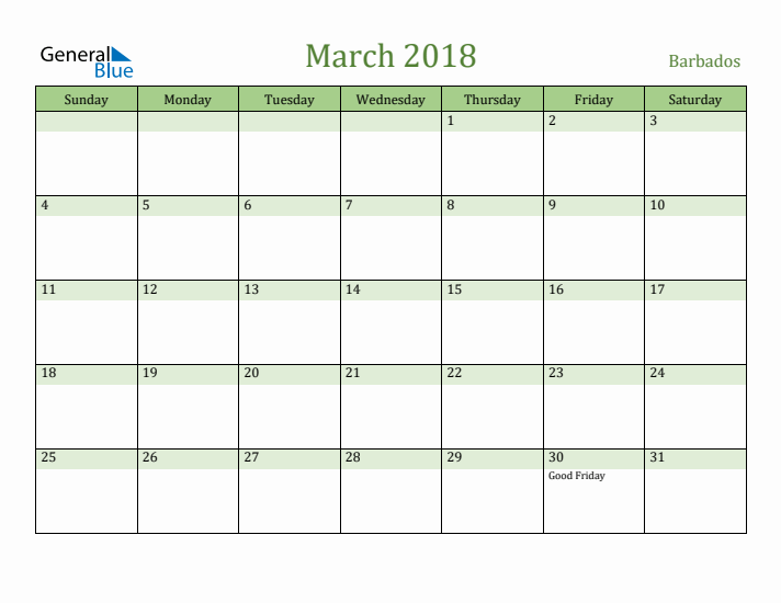 March 2018 Calendar with Barbados Holidays