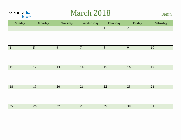 March 2018 Calendar with Benin Holidays