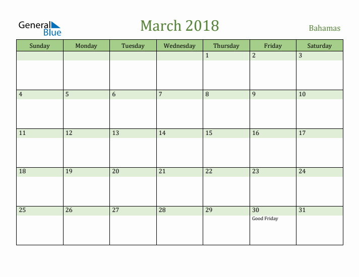 March 2018 Calendar with Bahamas Holidays