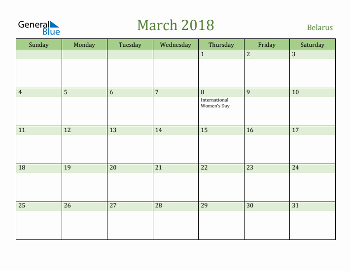 March 2018 Calendar with Belarus Holidays