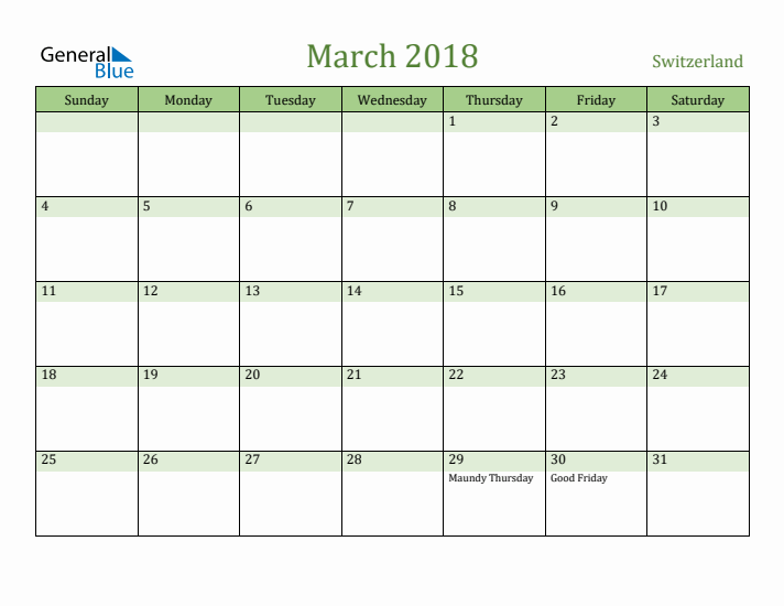 March 2018 Calendar with Switzerland Holidays