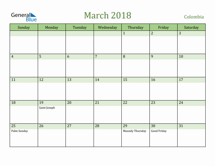 March 2018 Calendar with Colombia Holidays