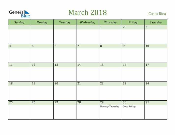 March 2018 Calendar with Costa Rica Holidays