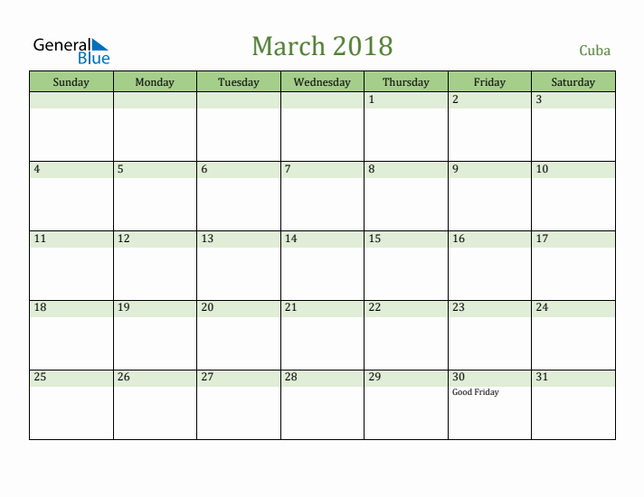 March 2018 Calendar with Cuba Holidays