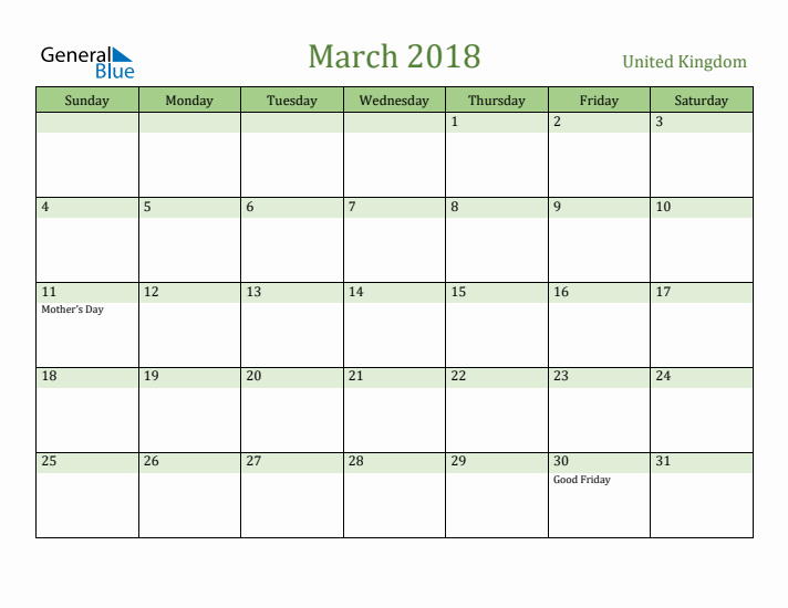 March 2018 Calendar with United Kingdom Holidays