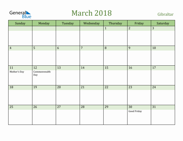 March 2018 Calendar with Gibraltar Holidays