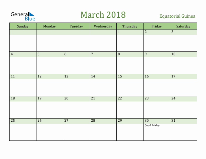 March 2018 Calendar with Equatorial Guinea Holidays