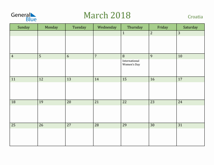 March 2018 Calendar with Croatia Holidays