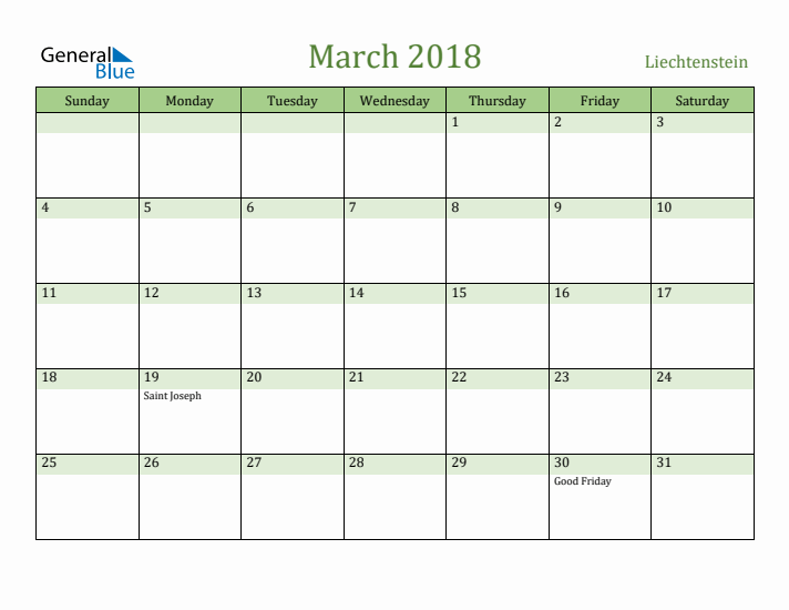 March 2018 Calendar with Liechtenstein Holidays