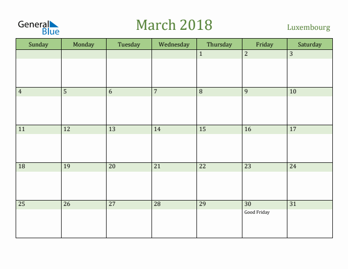 March 2018 Calendar with Luxembourg Holidays