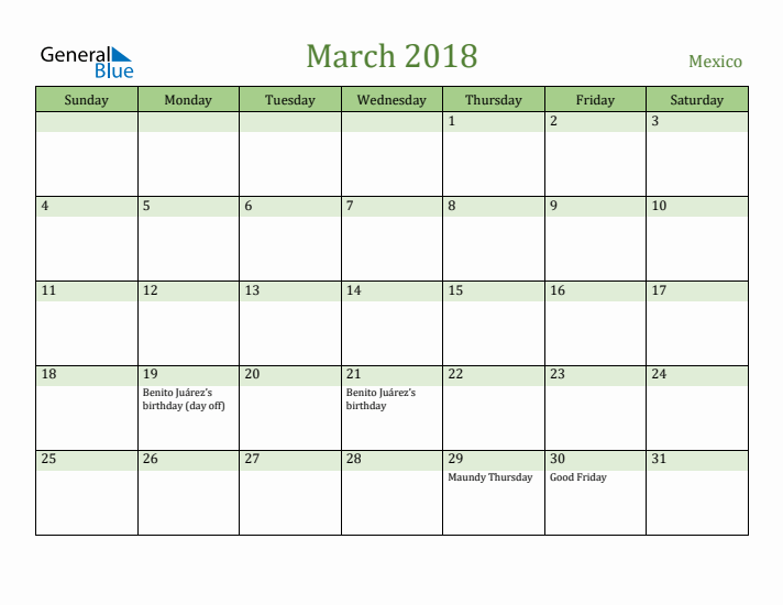 March 2018 Calendar with Mexico Holidays