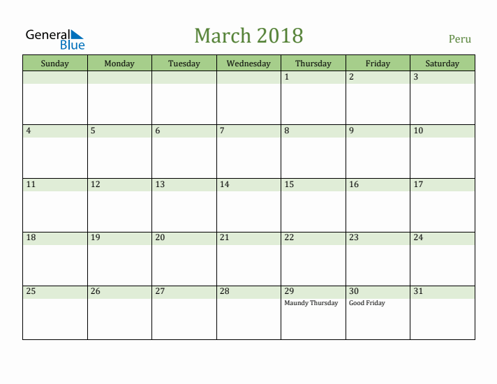 March 2018 Calendar with Peru Holidays