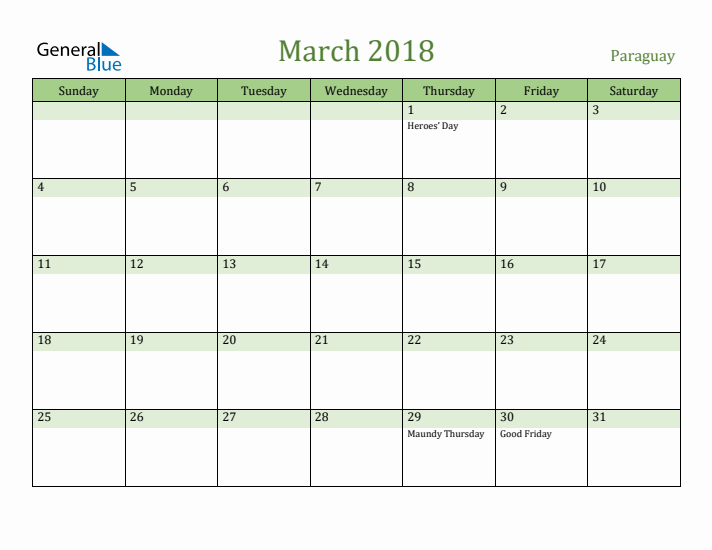 March 2018 Calendar with Paraguay Holidays