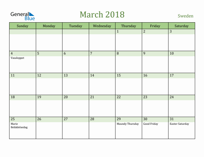 March 2018 Calendar with Sweden Holidays