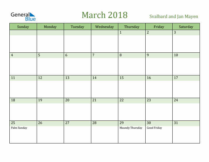 March 2018 Calendar with Svalbard and Jan Mayen Holidays