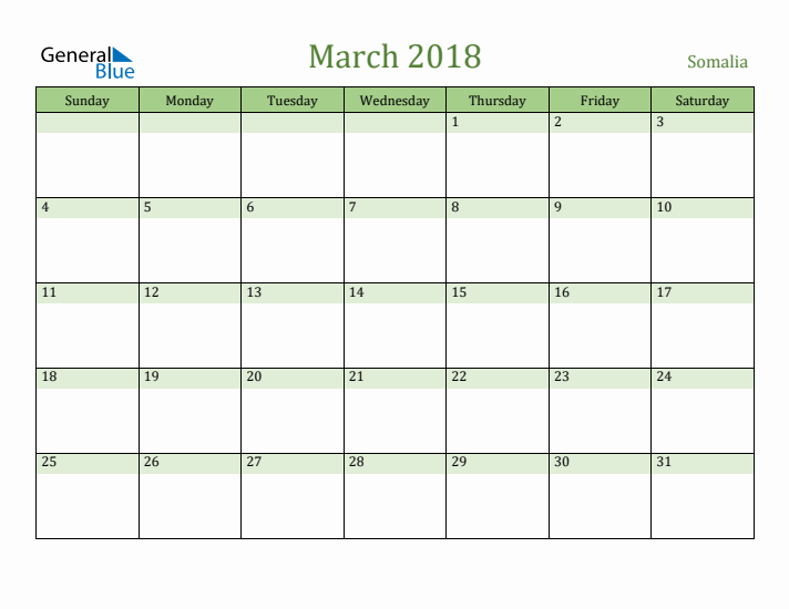 March 2018 Calendar with Somalia Holidays