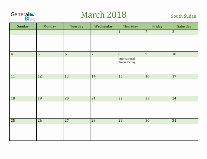 March 2018 Calendar with South Sudan Holidays