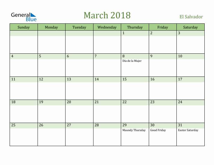 March 2018 Calendar with El Salvador Holidays