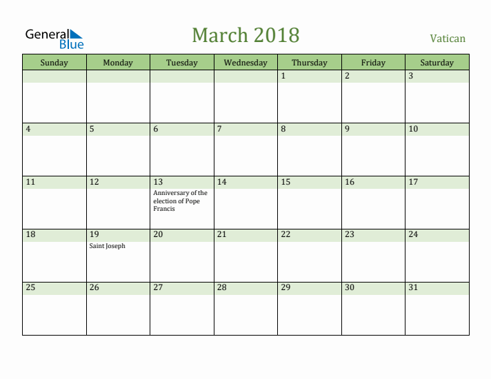 March 2018 Calendar with Vatican Holidays