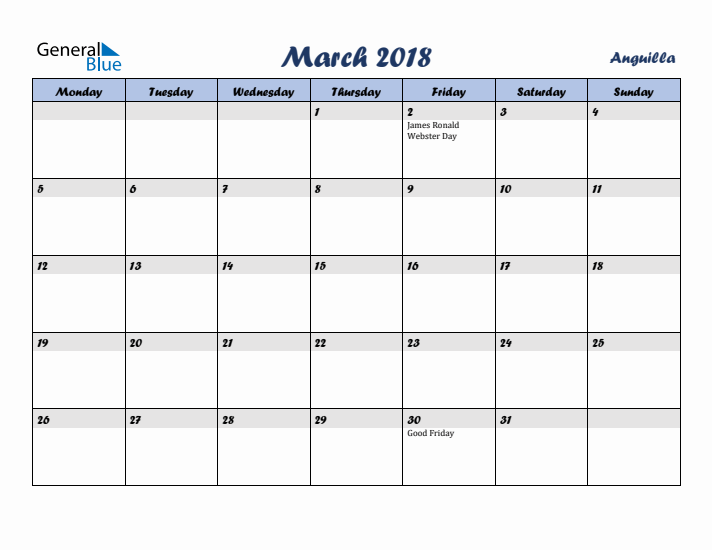 March 2018 Calendar with Holidays in Anguilla