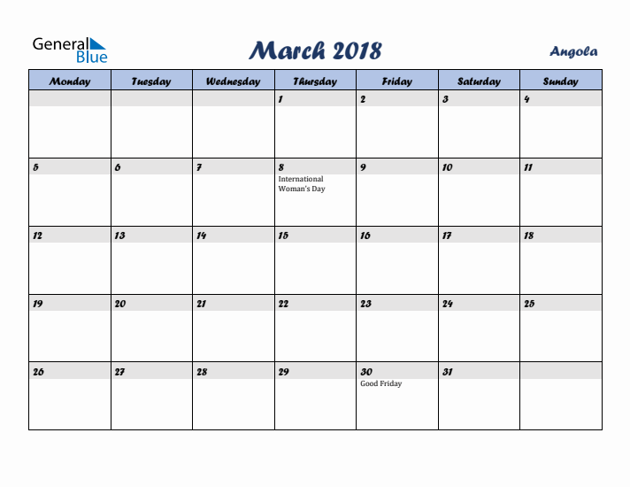 March 2018 Calendar with Holidays in Angola