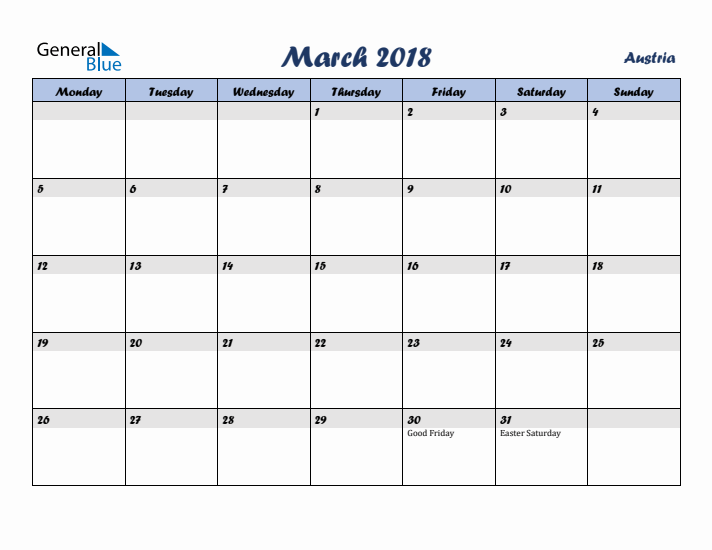 March 2018 Calendar with Holidays in Austria