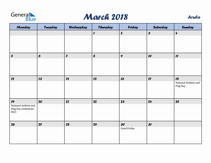 March 2018 Calendar with Holidays in Aruba