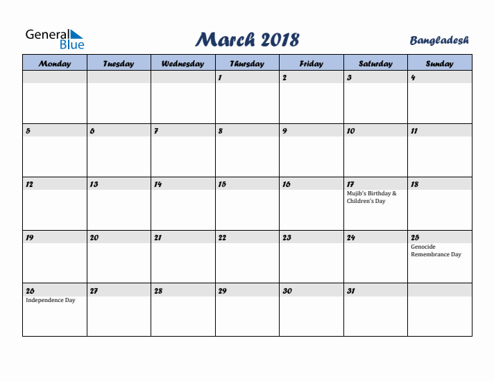 March 2018 Calendar with Holidays in Bangladesh