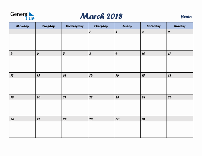 March 2018 Calendar with Holidays in Benin