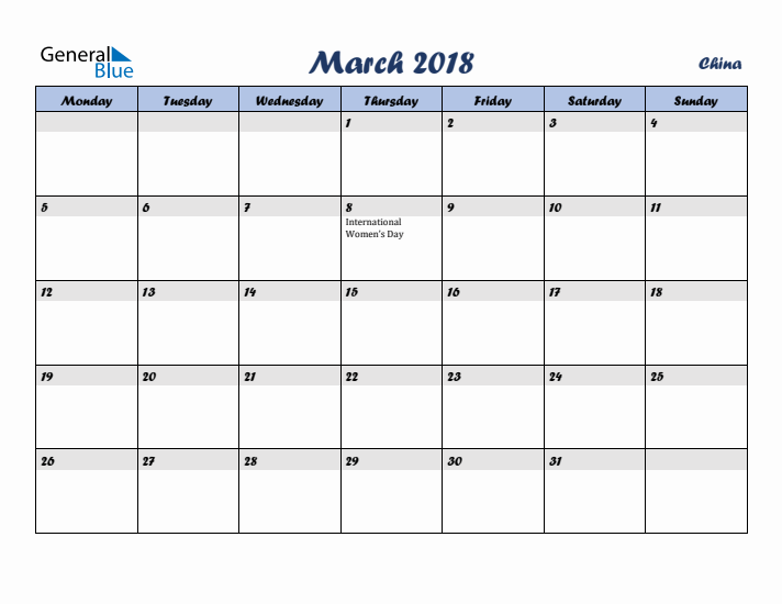 March 2018 Calendar with Holidays in China