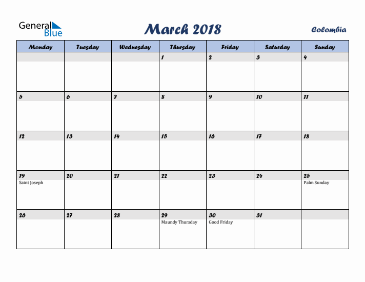 March 2018 Calendar with Holidays in Colombia