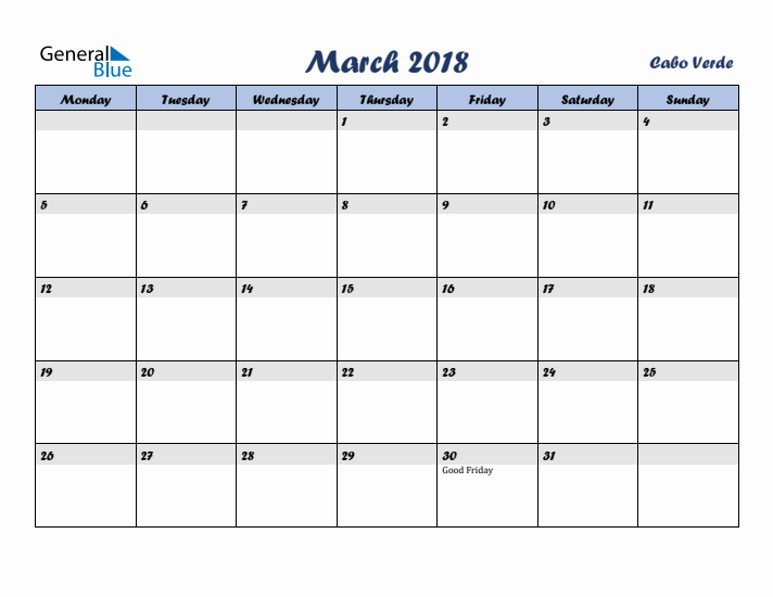 March 2018 Calendar with Holidays in Cabo Verde