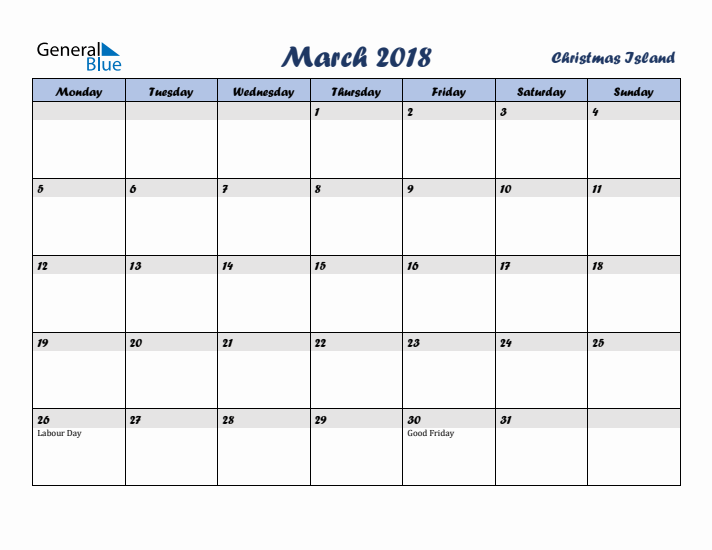 March 2018 Calendar with Holidays in Christmas Island