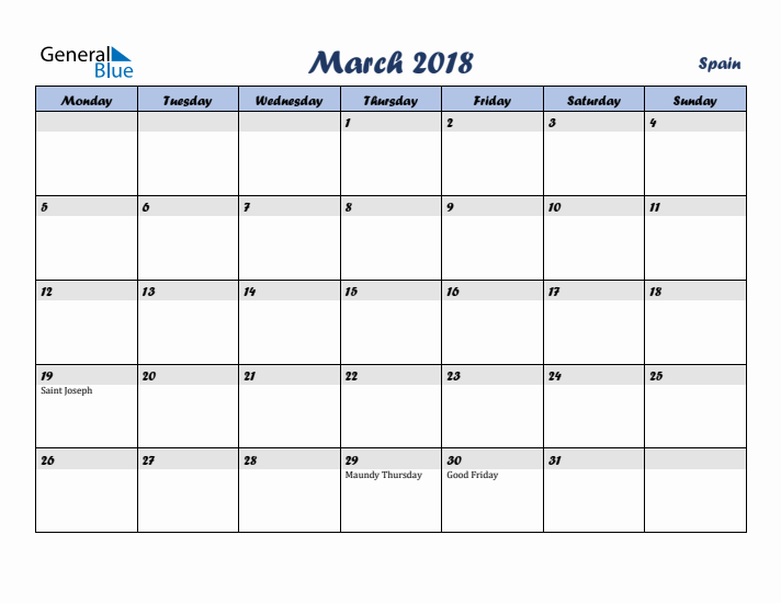 March 2018 Calendar with Holidays in Spain