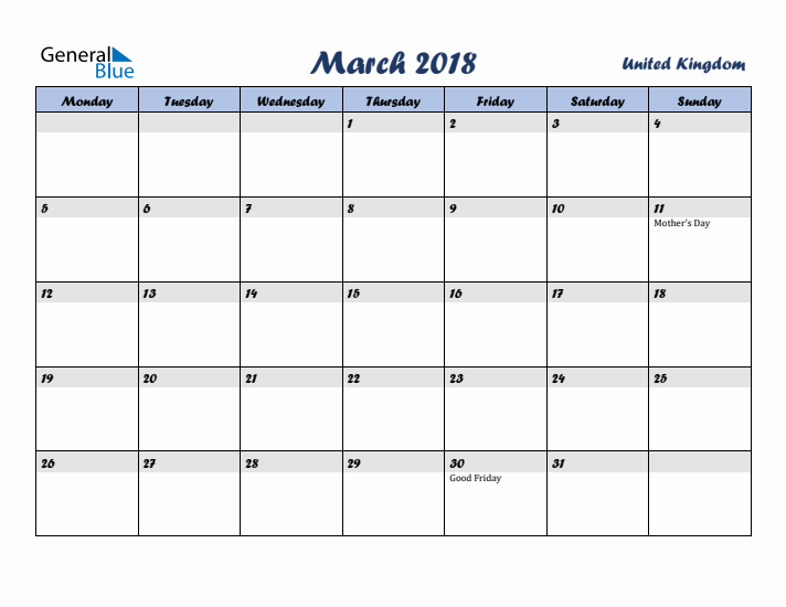 March 2018 Calendar with Holidays in United Kingdom