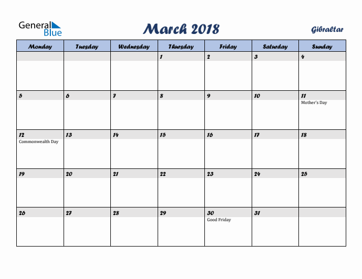 March 2018 Calendar with Holidays in Gibraltar