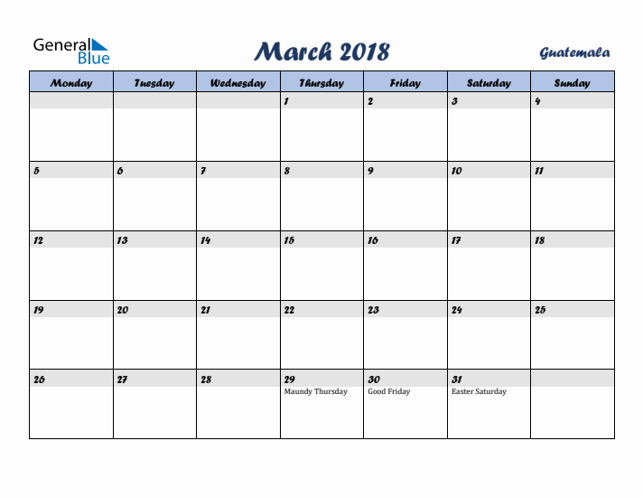 March 2018 Calendar with Holidays in Guatemala