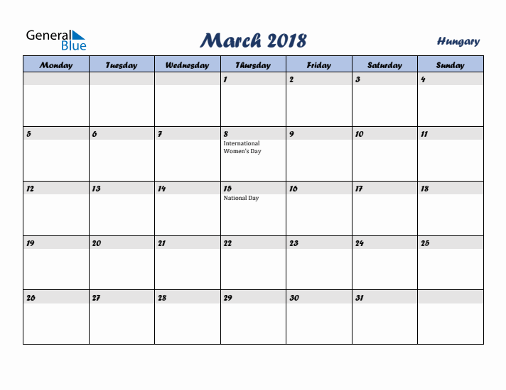 March 2018 Calendar with Holidays in Hungary