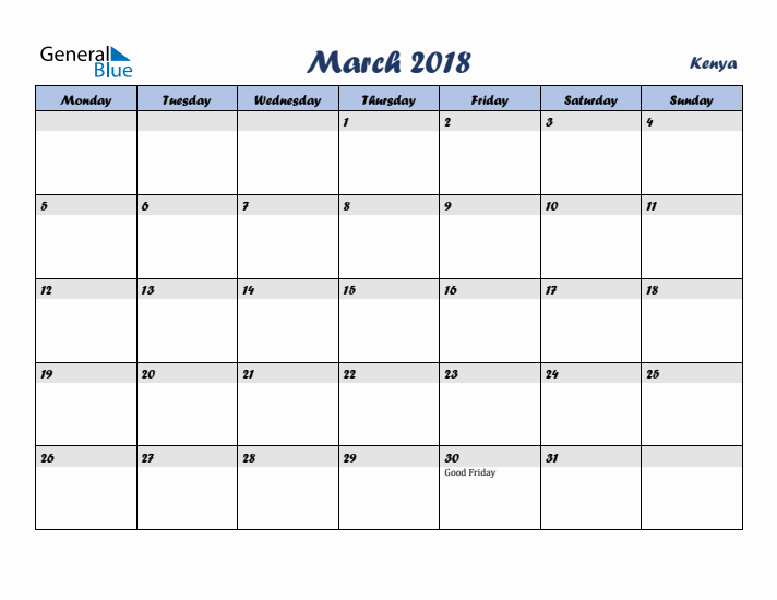 March 2018 Calendar with Holidays in Kenya