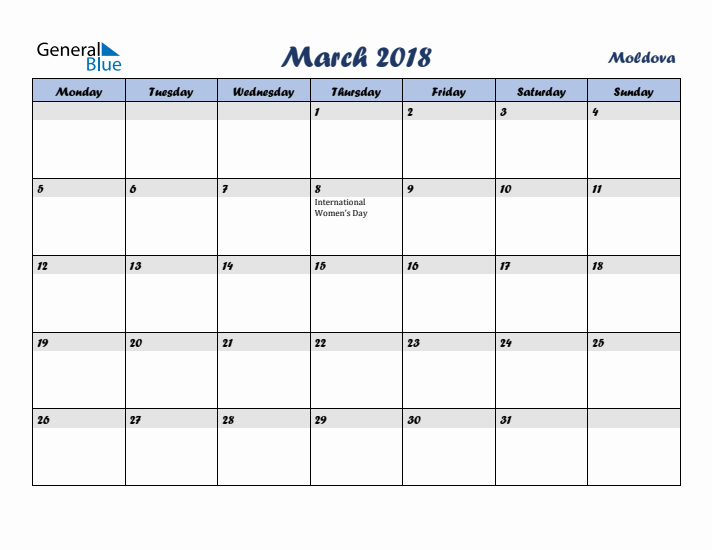 March 2018 Calendar with Holidays in Moldova