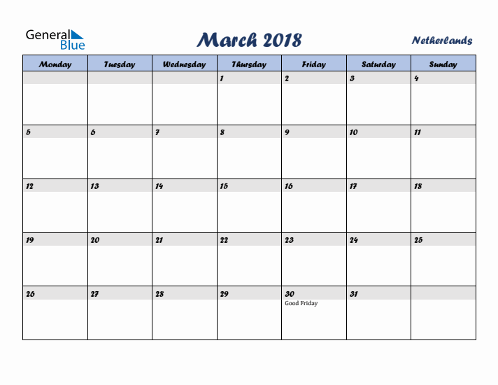 March 2018 Calendar with Holidays in The Netherlands