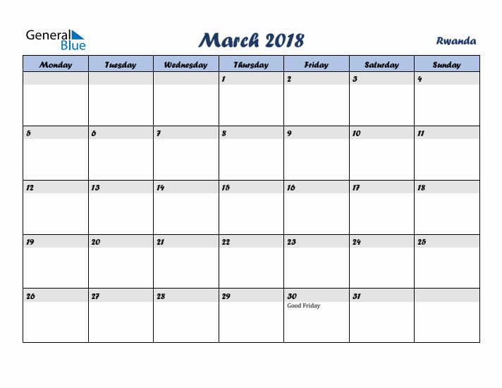 March 2018 Calendar with Holidays in Rwanda